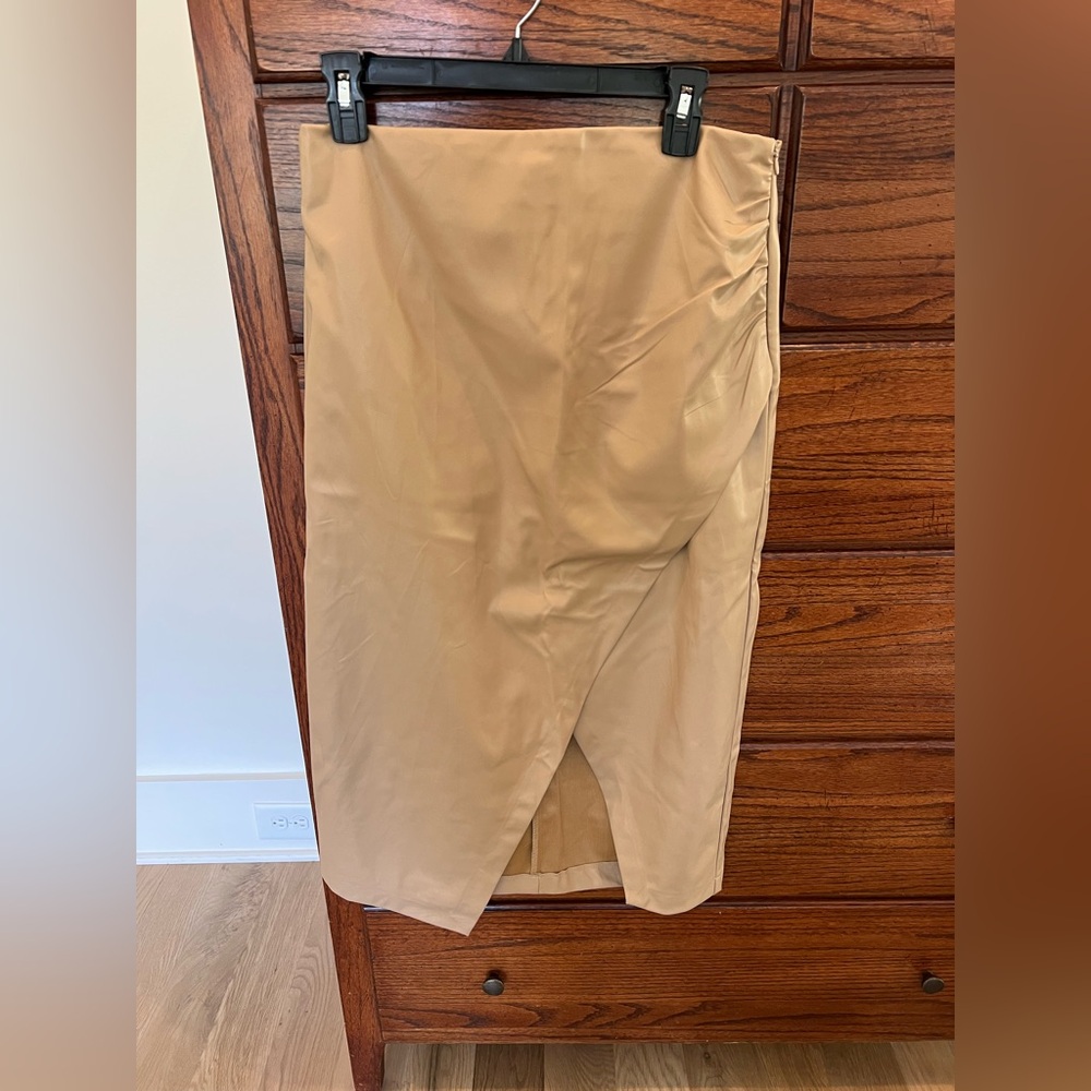 Camel Color Faux Leather Women's midi Skirt